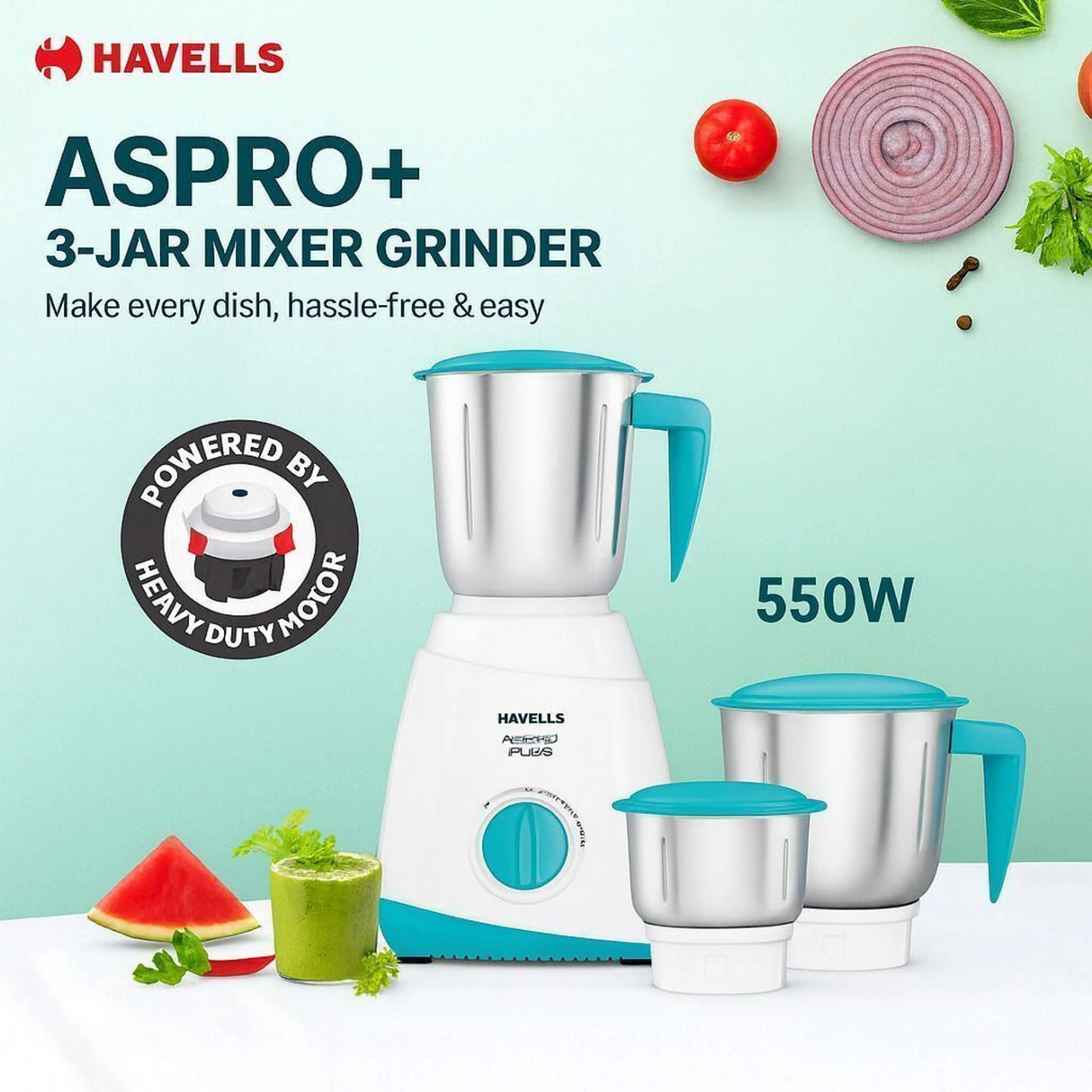 HAVELLS Aspro Plus 550 Watt 3 Jars Mixer Grinder - White and Light Blue_5