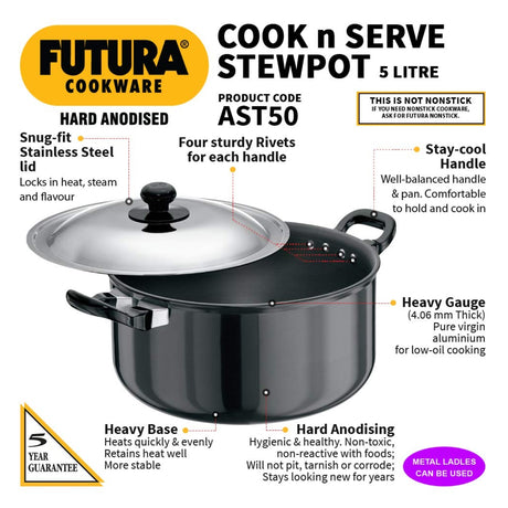 Hard Futura Anodised Cook-n-Serve Stewpot with SS Lid 5 L – Black