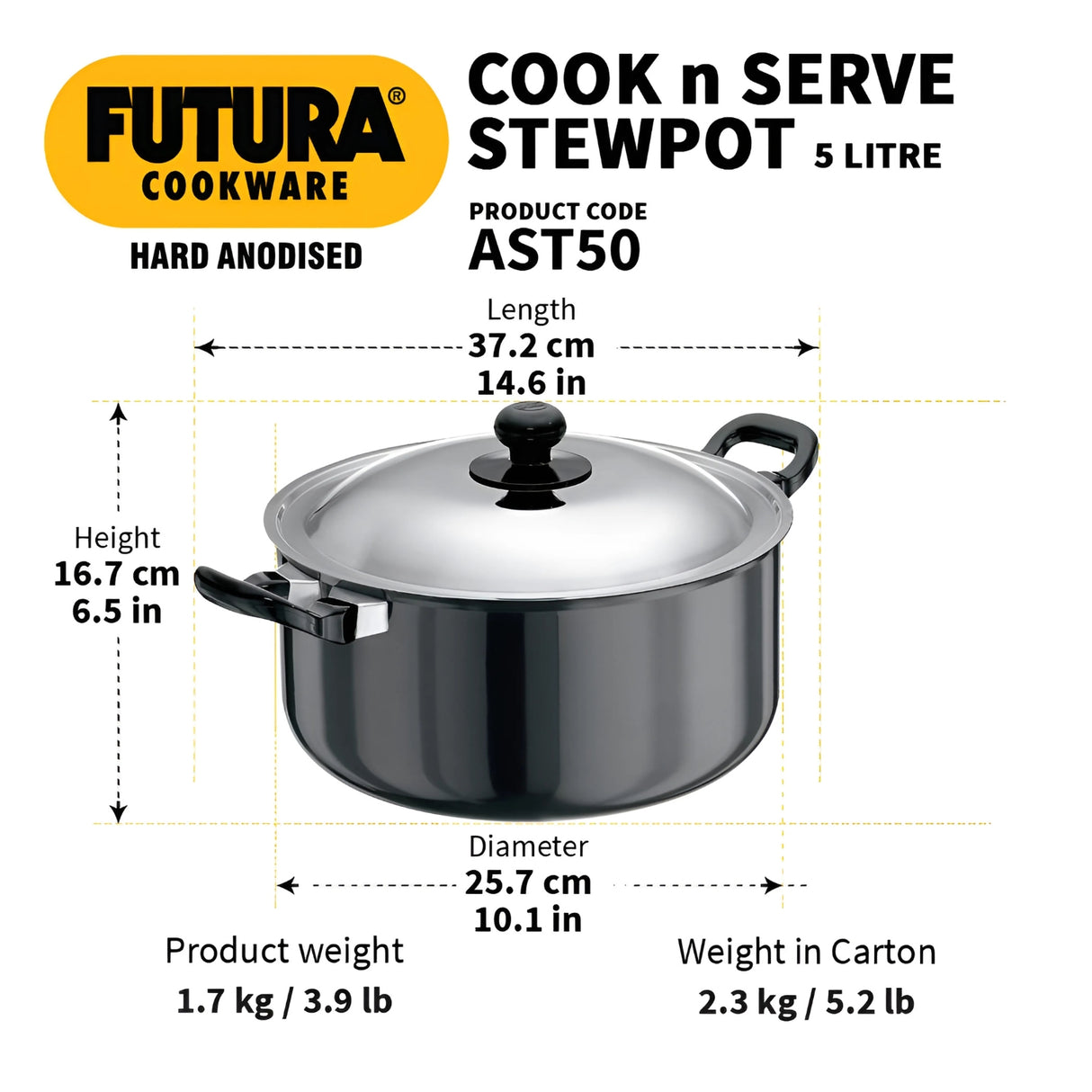 Hard Futura Anodised Cook-n-Serve Stewpot with SS Lid 5 L – Black