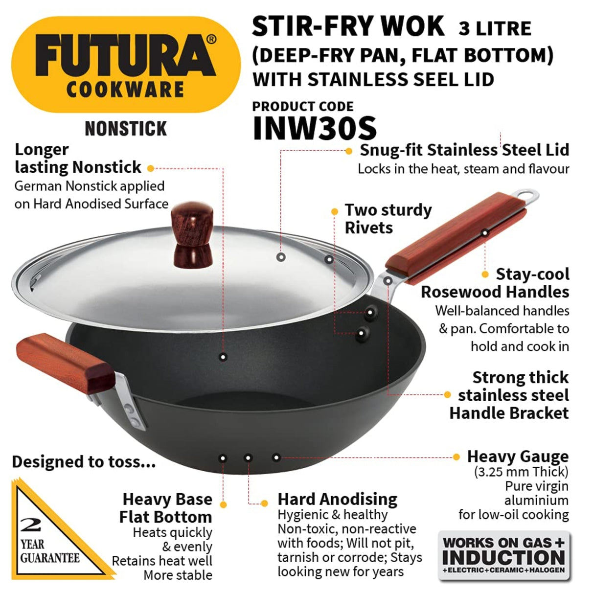 Hawkins Futura Non-Stick Wok With SS Lid 3L - Black