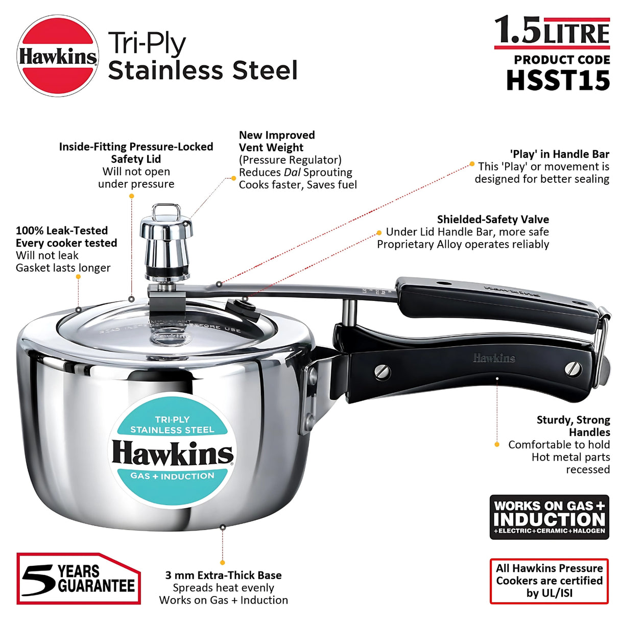 Hawkins Tri-Ply SS Pressure Cooker 1.5L