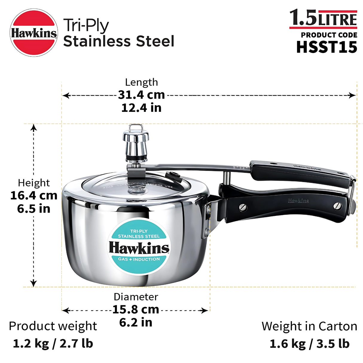 Hawkins Tri-Ply SS Pressure Cooker 1.5L