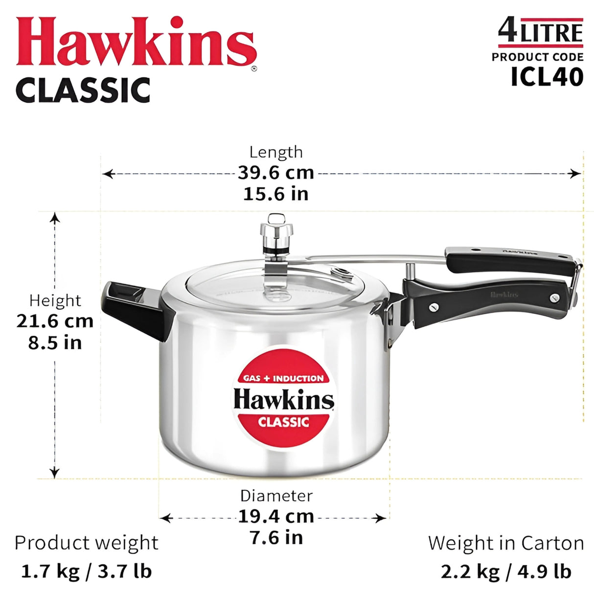 Hawkins Classic Aluminium Pressure Cooker 4L