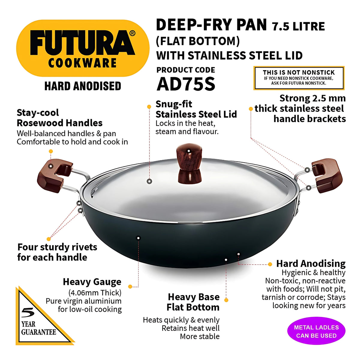 Hawkins Futura Deep Fry Pan with SS Lid 36cm - Black
