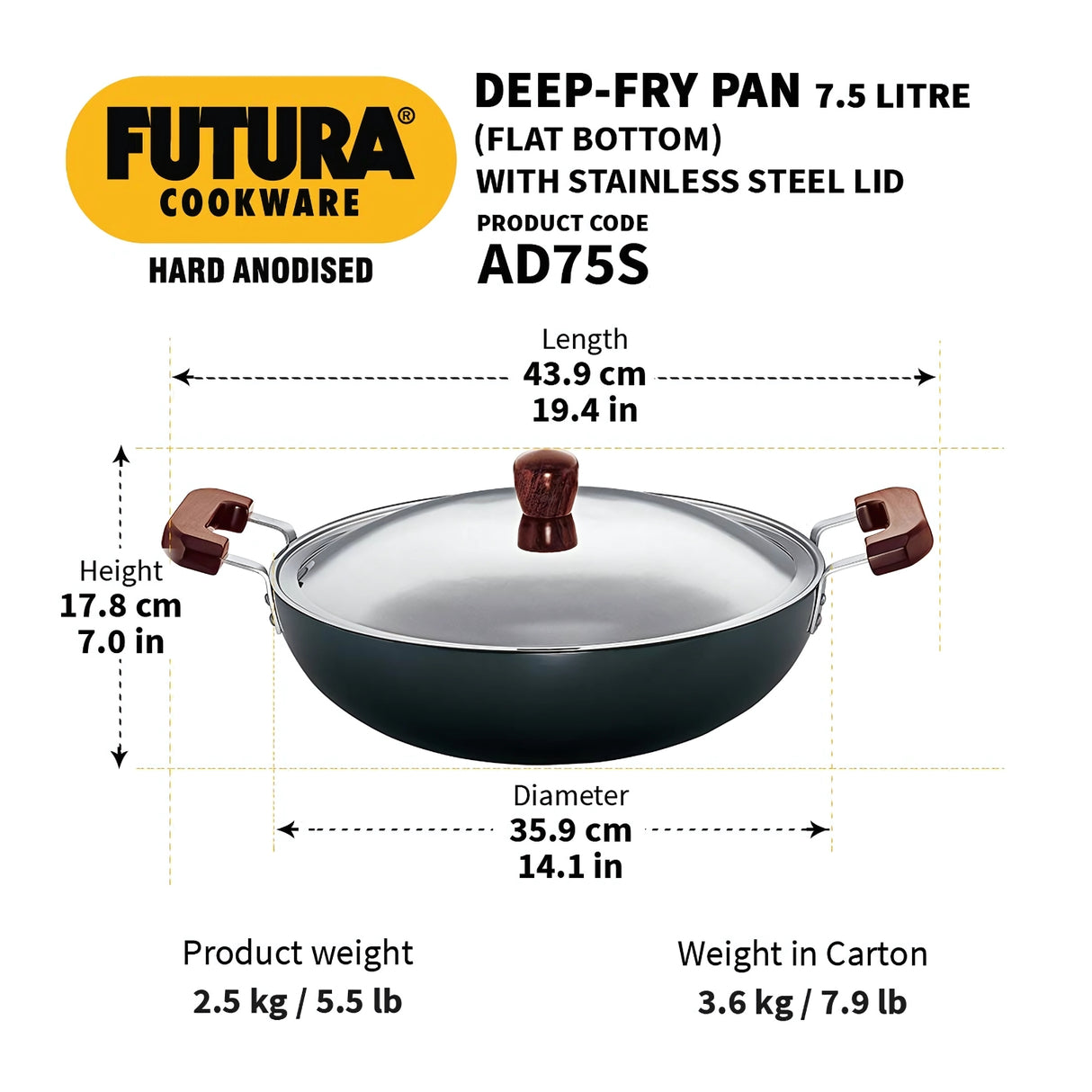 Hawkins Futura Deep Fry Pan with SS Lid 36cm - Black