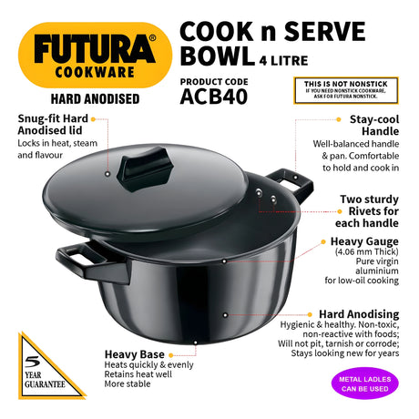 Hawkins Futura Hard Anodised Cook-n-Serve Bowl with Hard Anodised Lid 4 L – Black