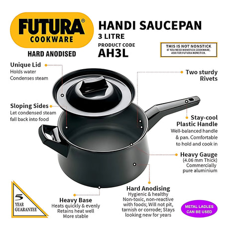 Hawkins Futura Hard Anodised Handi Saucepan with Hard Anodised Lid 3 L - Black