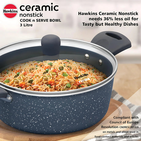 Hawkins Induction Compatible Ceramic NS Cook n Serve Bowl with Glass Lid 3 L - Grey