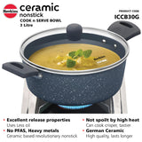 Hawkins Induction Compatible Ceramic NS Cook n Serve Bowl with Glass Lid 3 L - Grey