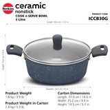 Hawkins Induction Compatible Ceramic NS Cook n Serve Bowl with Glass Lid 3 L - Grey