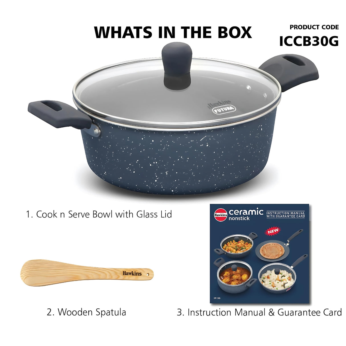Hawkins Induction Compatible Ceramic NS Cook n Serve Bowl with Glass Lid 3 L - Grey