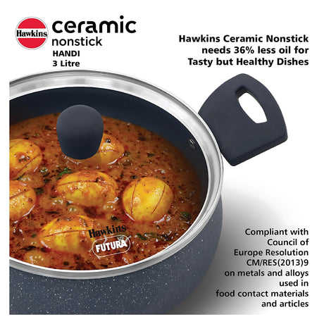Hawkins Induction Compatible Ceramic NS Cook n Serve Handi with Glass Lid 3 L – Grey