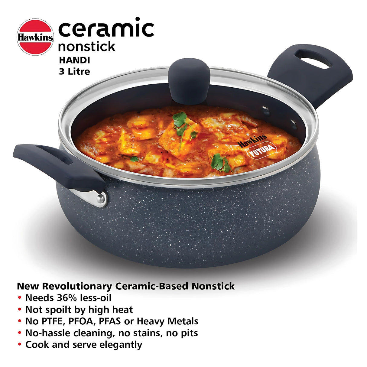 Hawkins Induction Compatible Ceramic NS Cook n Serve Handi with Glass Lid 3 L – Grey