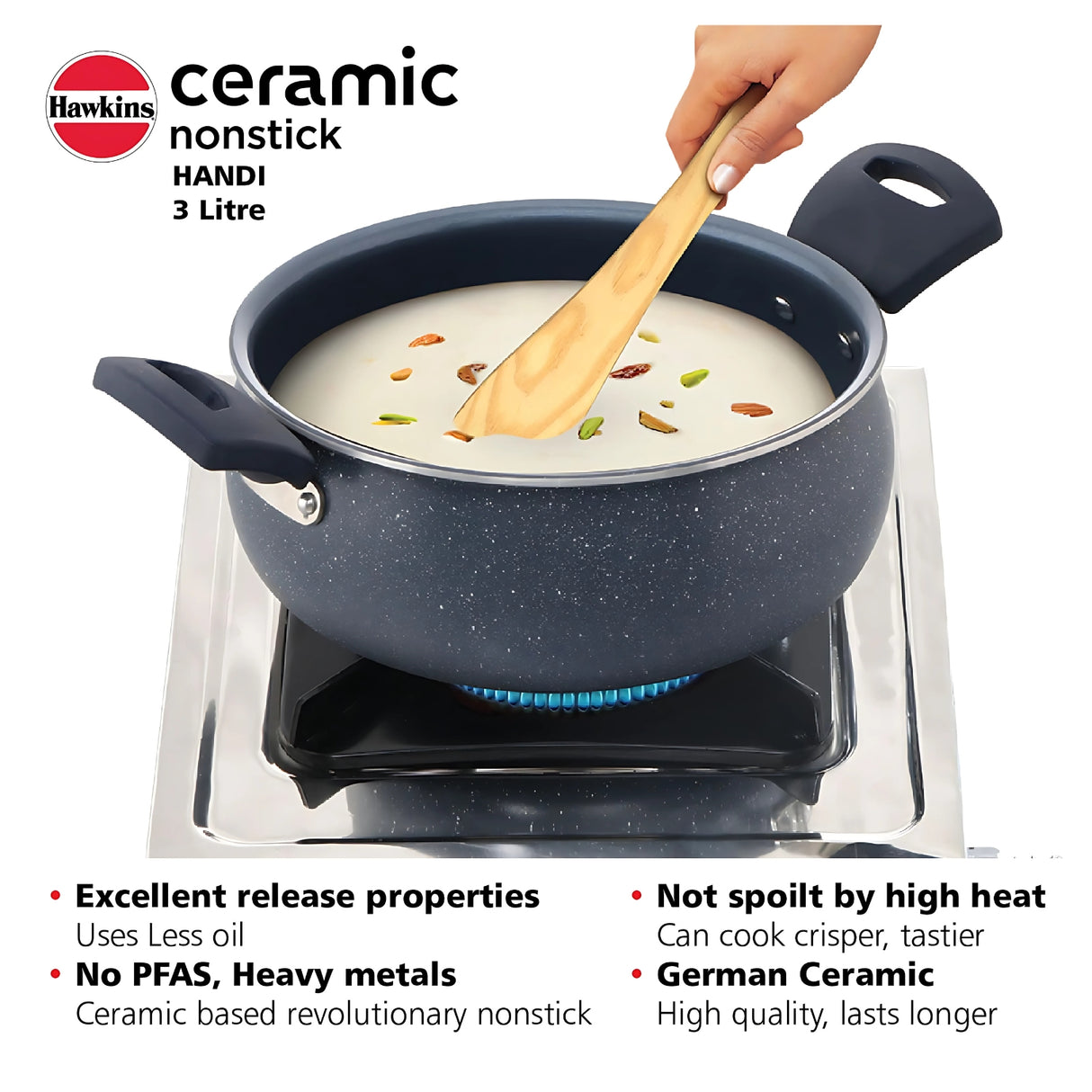 Hawkins Induction Compatible Ceramic NS Cook n Serve Handi with Glass Lid 3 L – Grey