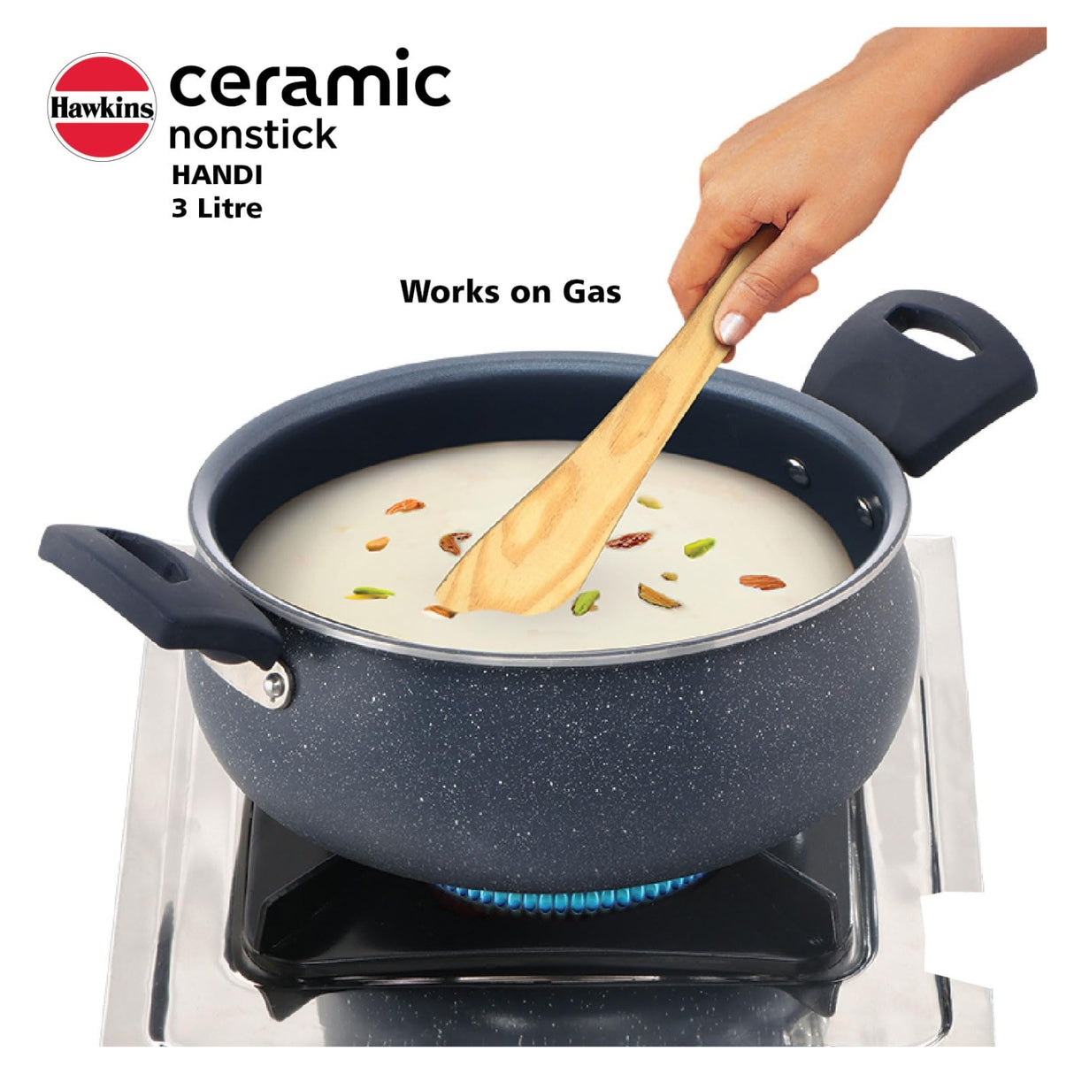 Hawkins Induction Compatible Ceramic NS Cook n Serve Handi with Glass Lid 3 L – Grey