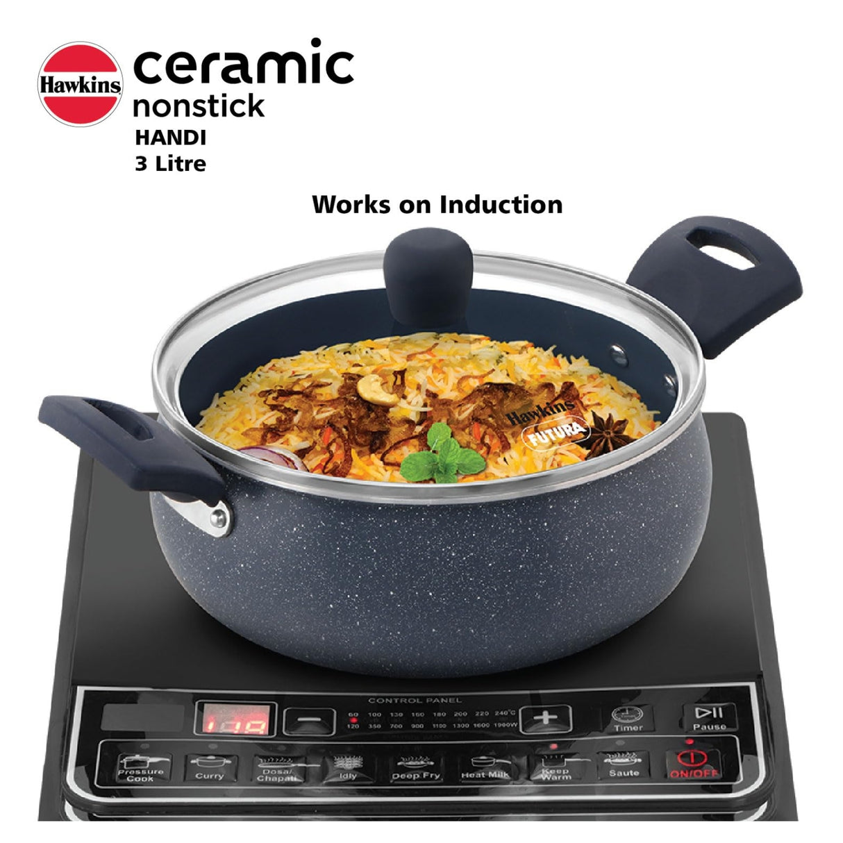 Hawkins Induction Compatible Ceramic NS Cook n Serve Handi with Glass Lid 3 L – Grey