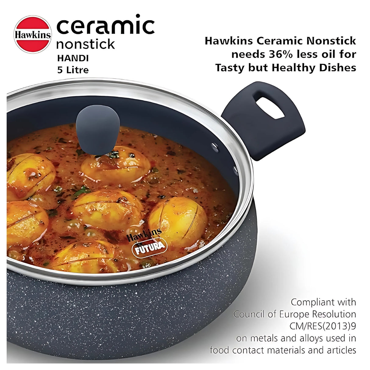 Hawkins Induction Compatible Ceramic NS Cook n Serve Handi with Glass Lid 5 L – Grey