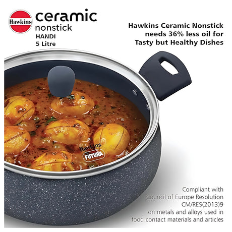 Hawkins Induction Compatible Ceramic NS Cook n Serve Handi with Glass Lid 5 L – Grey