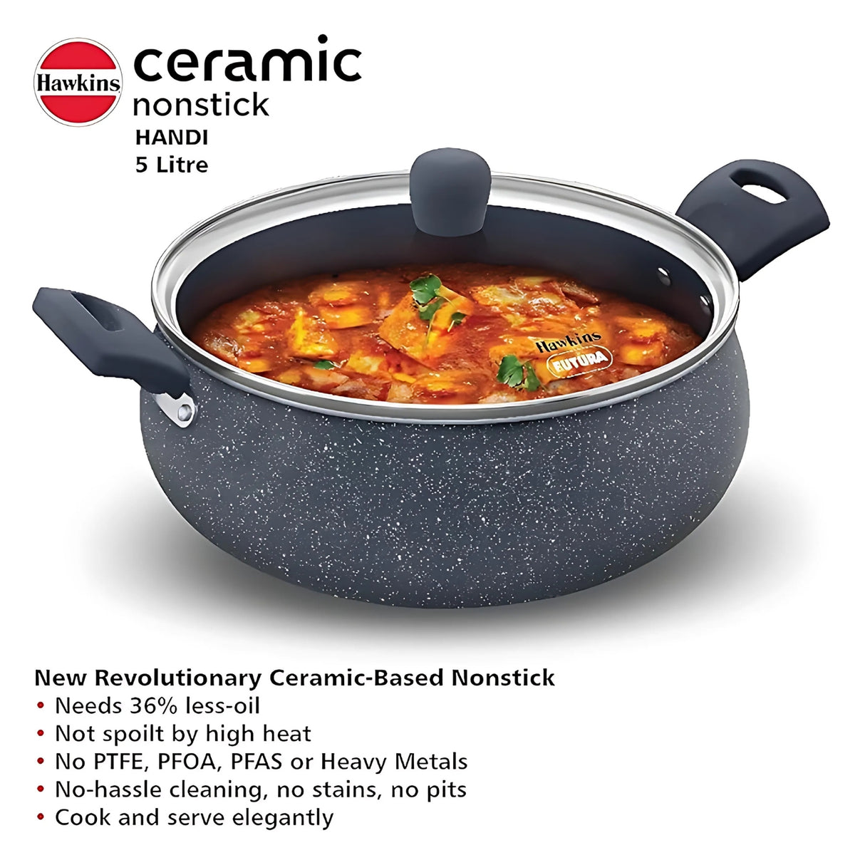 Hawkins Induction Compatible Ceramic NS Cook n Serve Handi with Glass Lid 5 L – Grey