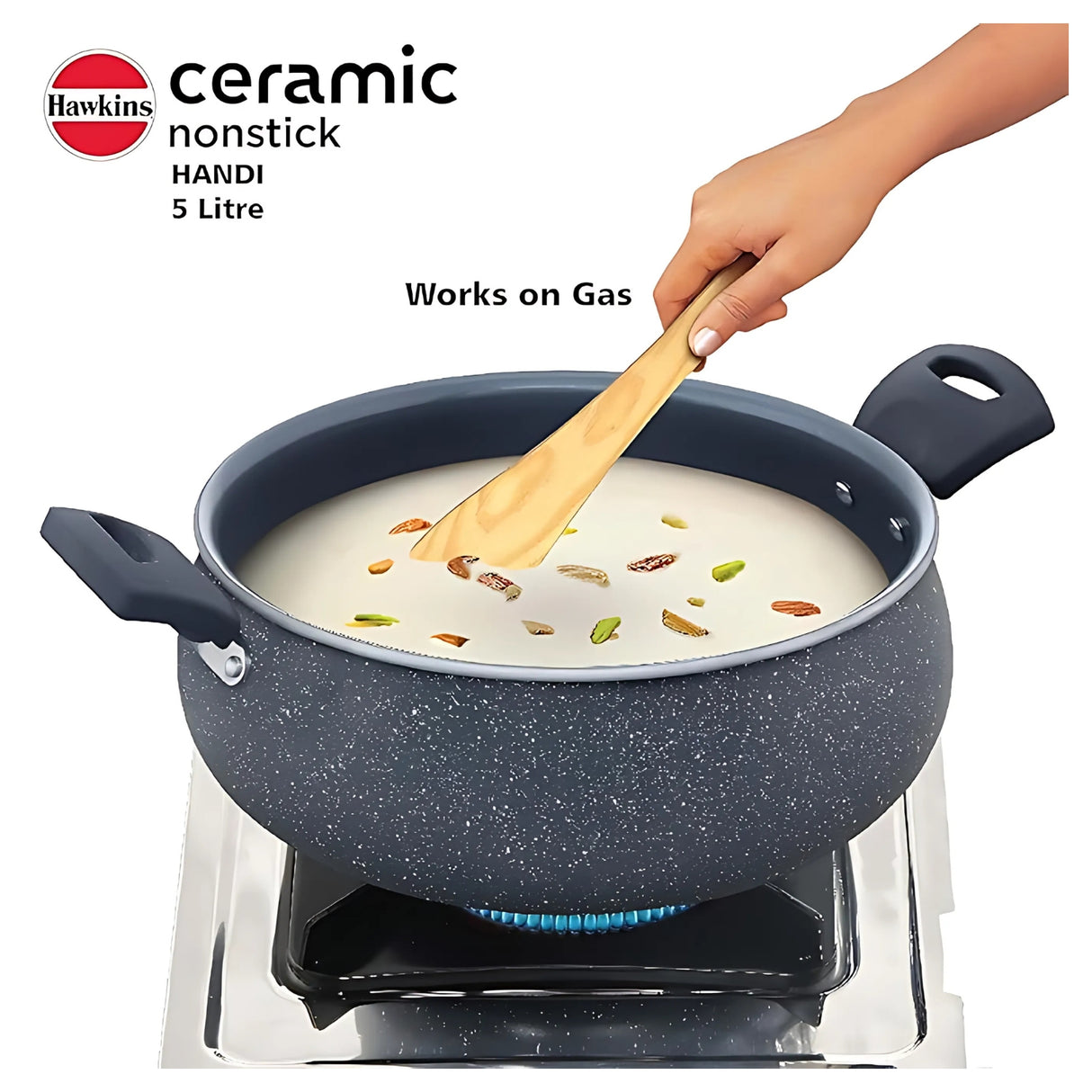 Hawkins Induction Compatible Ceramic NS Cook n Serve Handi with Glass Lid 5 L – Grey