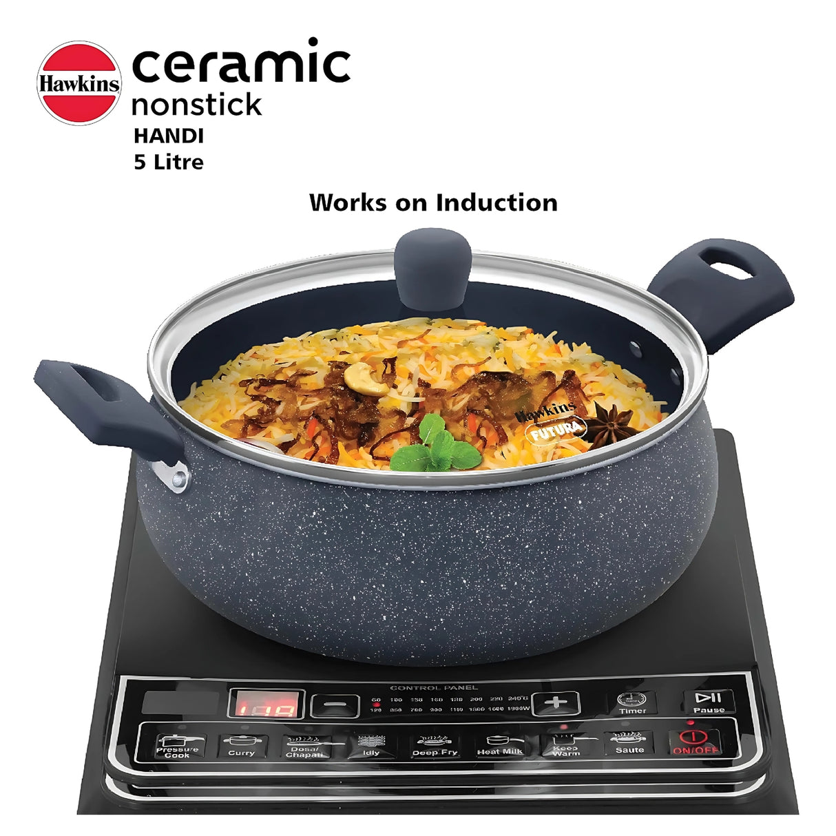 Hawkins Induction Compatible Ceramic NS Cook n Serve Handi with Glass Lid 5 L – Grey