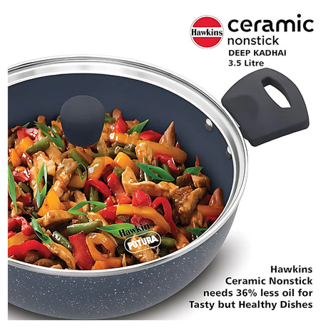 Hawkins Induction Compatible Ceramic NS Deep Kadhai with Glass Lid 3.5 L - Grey
