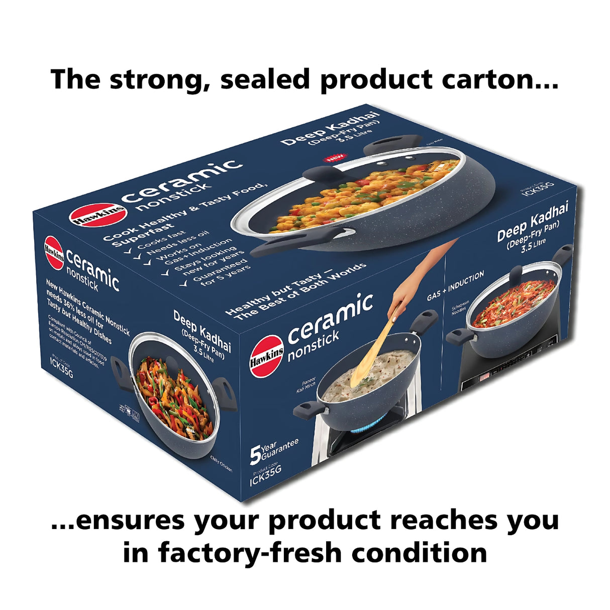 Hawkins Induction Compatible Ceramic NS Deep Kadhai with Glass Lid 3.5 L - Grey