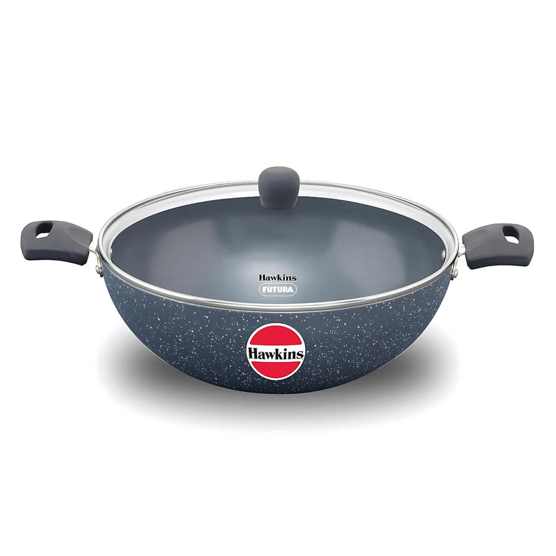 Hawkins Induction Compatible Ceramic NS Deep Kadhai with Glass Lid 5 L - Grey