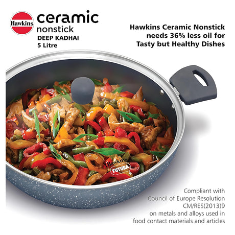 Hawkins Induction Compatible Ceramic NS Deep Kadhai with Glass Lid 5 L - Grey