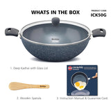 Hawkins Induction Compatible Ceramic NS Deep Kadhai with Glass Lid 5 L - Grey