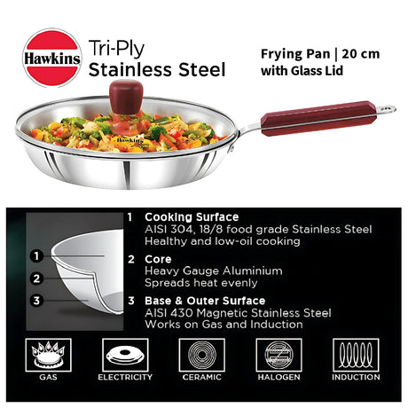 Hawkins 20cm Tri Ply Stainless Steel Frying Pan with Glass Lid SSF20G  Durable  Even Heat Cooking_2