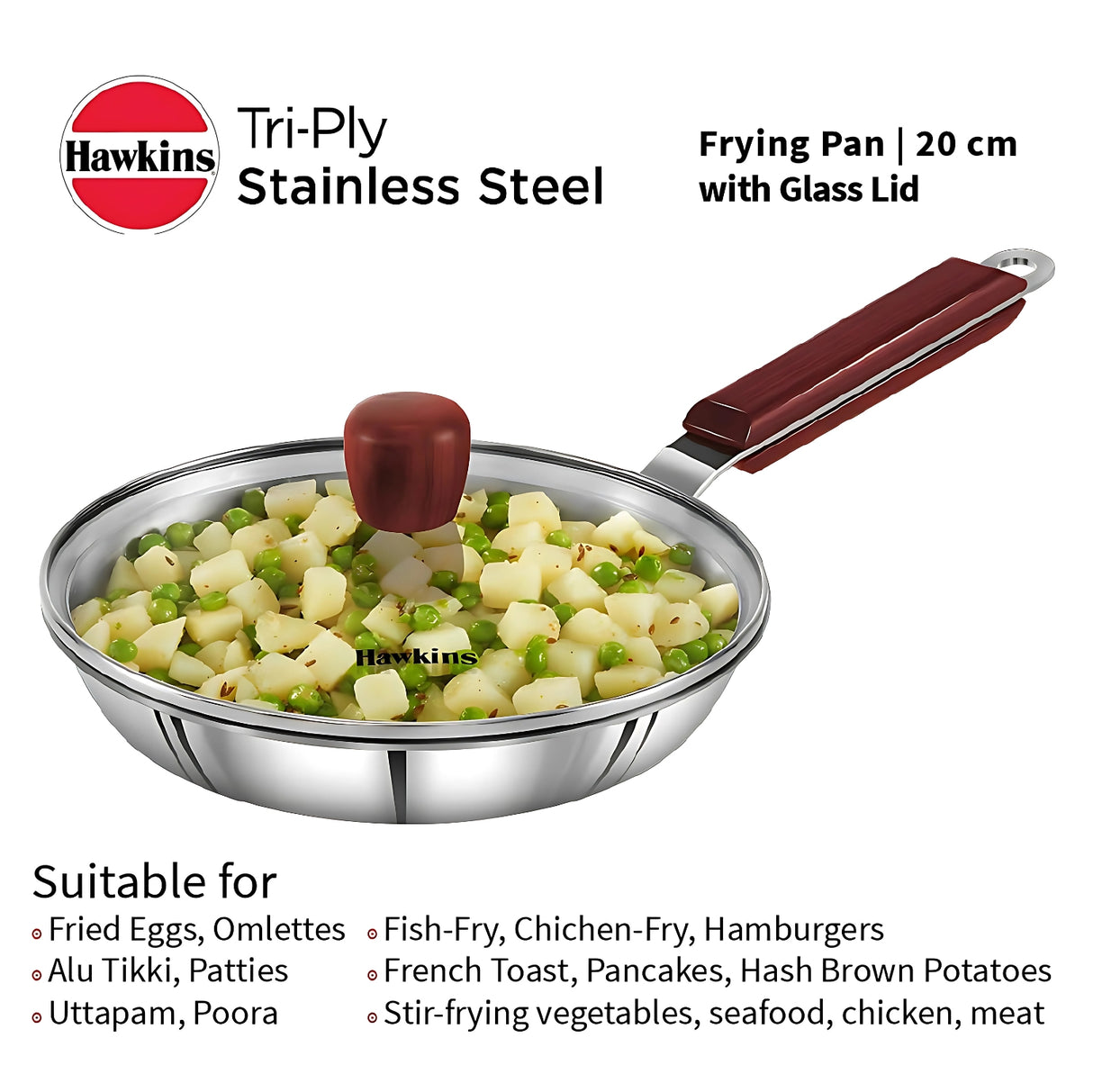 Hawkins 20cm Tri Ply Stainless Steel Frying Pan with Glass Lid SSF20G  Durable Even Heat Cooking_5