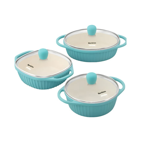 Hawkins Aqua Ceramic C n S Baby Casserole with Glass Lid 3 Piece Gift Set (UBCGP) 1.25 L - Aqua Blue_Front View