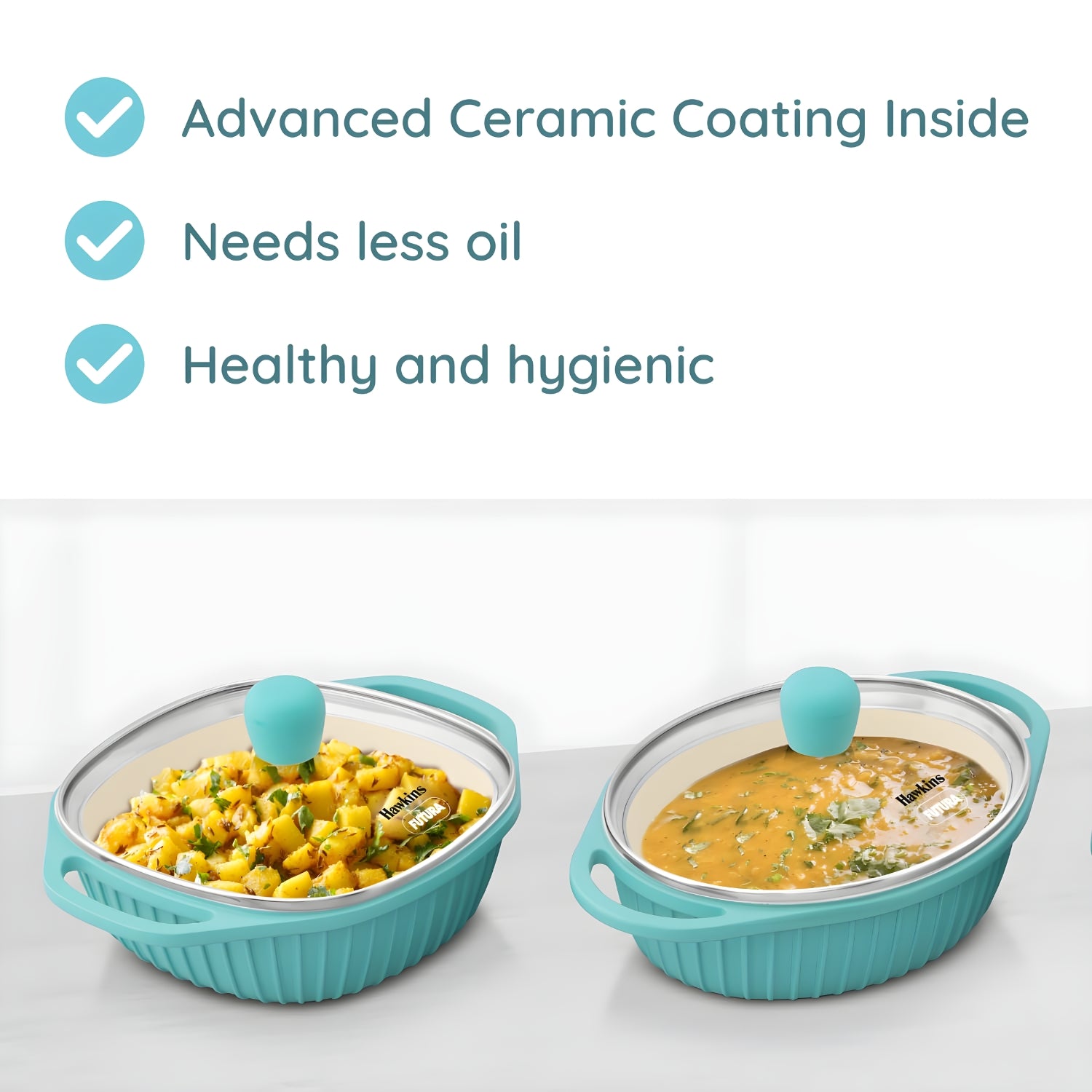 Hawkins Aqua Ceramic C n S Baby Casserole with Glass Lid 3 Piece Gift Set (UBCGP) 1.25 L - Crystal Blue_2
