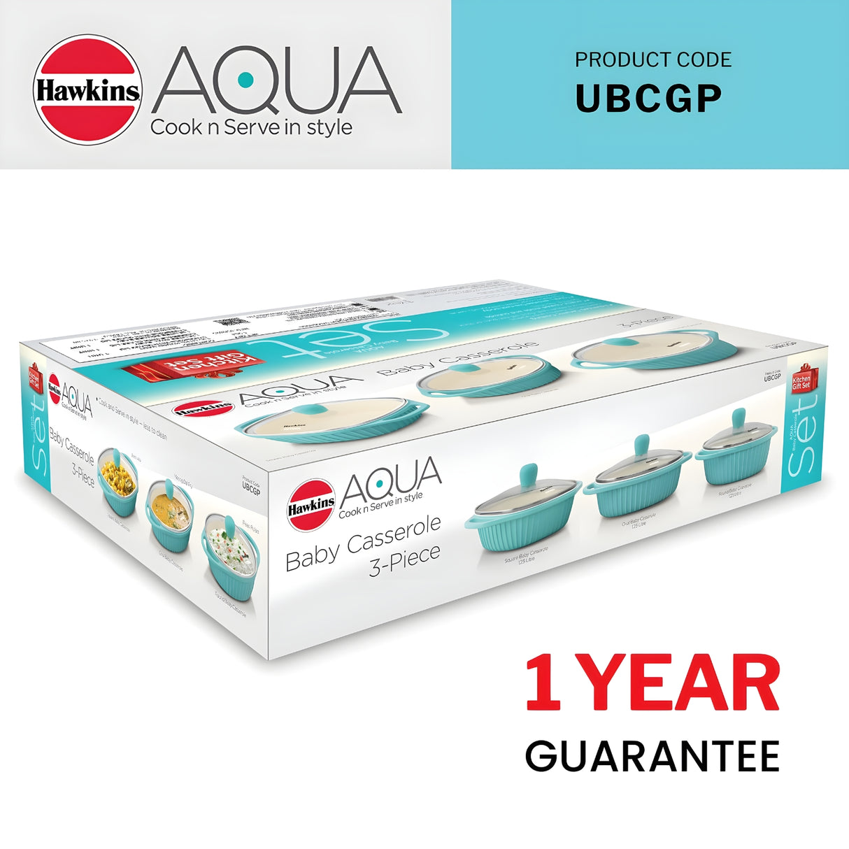 Hawkins Aqua Ceramic C n S Baby Casserole with Glass Lid 3 Piece Gift Set (UBCGP) 1.25 L - Crystal Blue_9