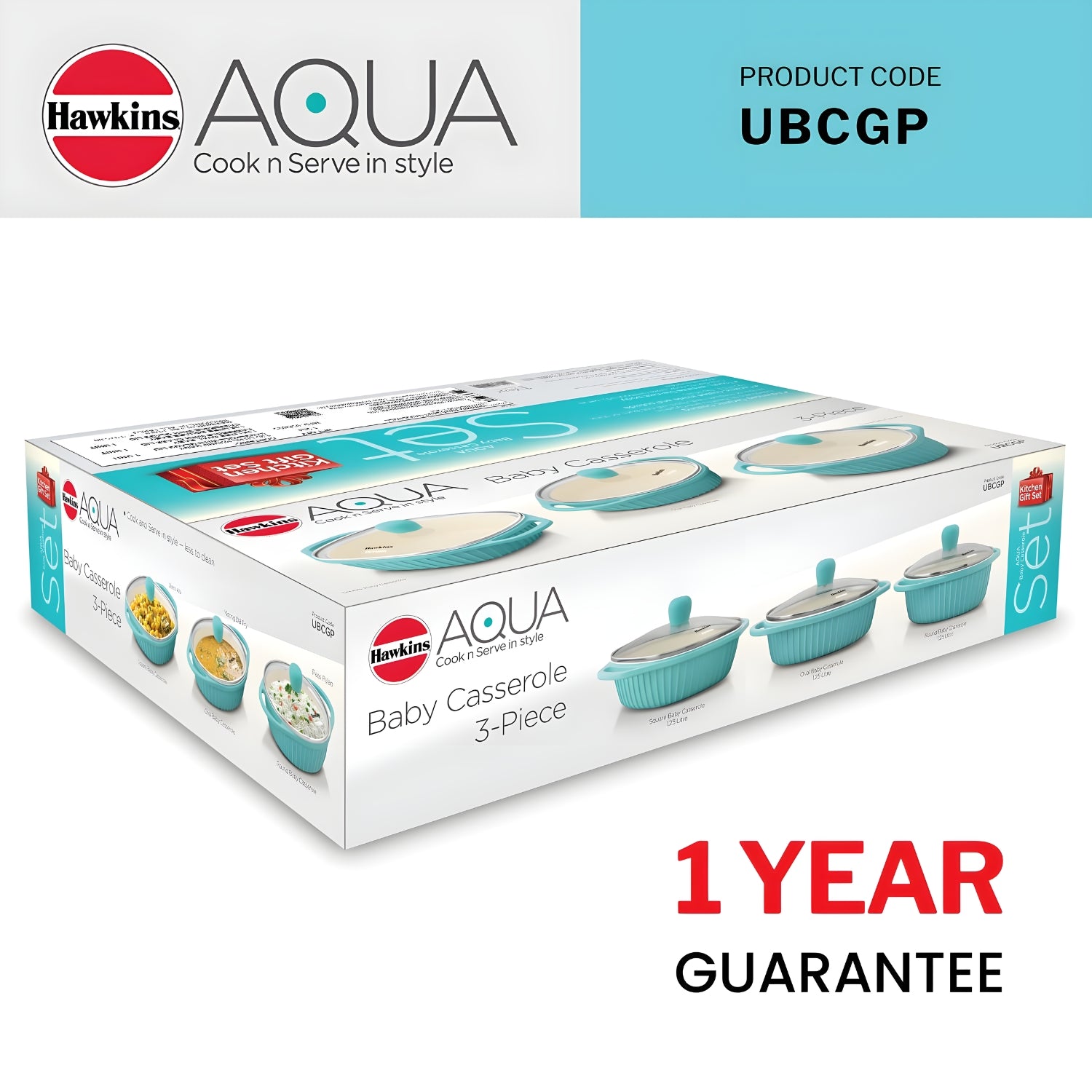 Hawkins Aqua Ceramic C n S Baby Casserole with Glass Lid 3 Piece Gift Set (UBCGP) 1.25 L - Crystal Blue_9
