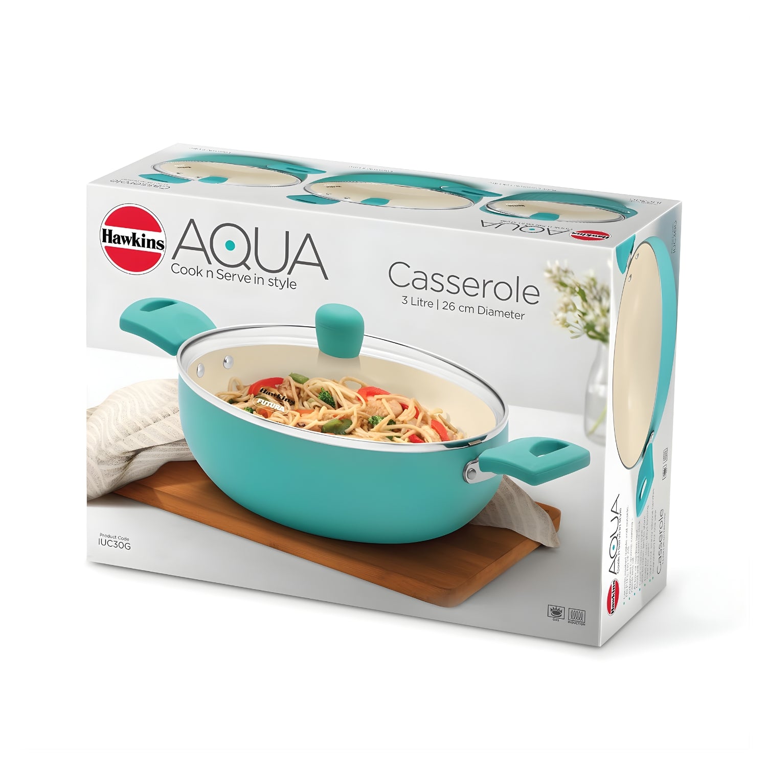 Hawkins Aqua Die Cast Cook n Serve Casserole with Glass Lid (IUC30G) 3 L \ 26 cm - Aqua Blue_10