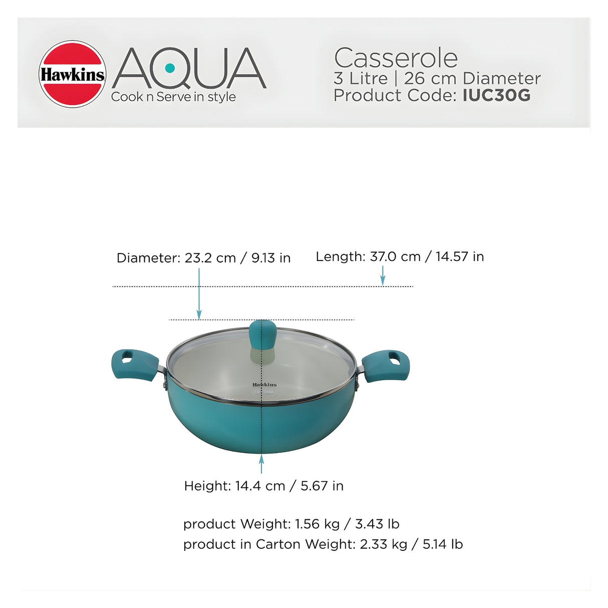 Hawkins Aqua Die Cast Cook n Serve Casserole with Glass Lid (IUC30G) 3 L \ 26 cm - Aqua Blue_9