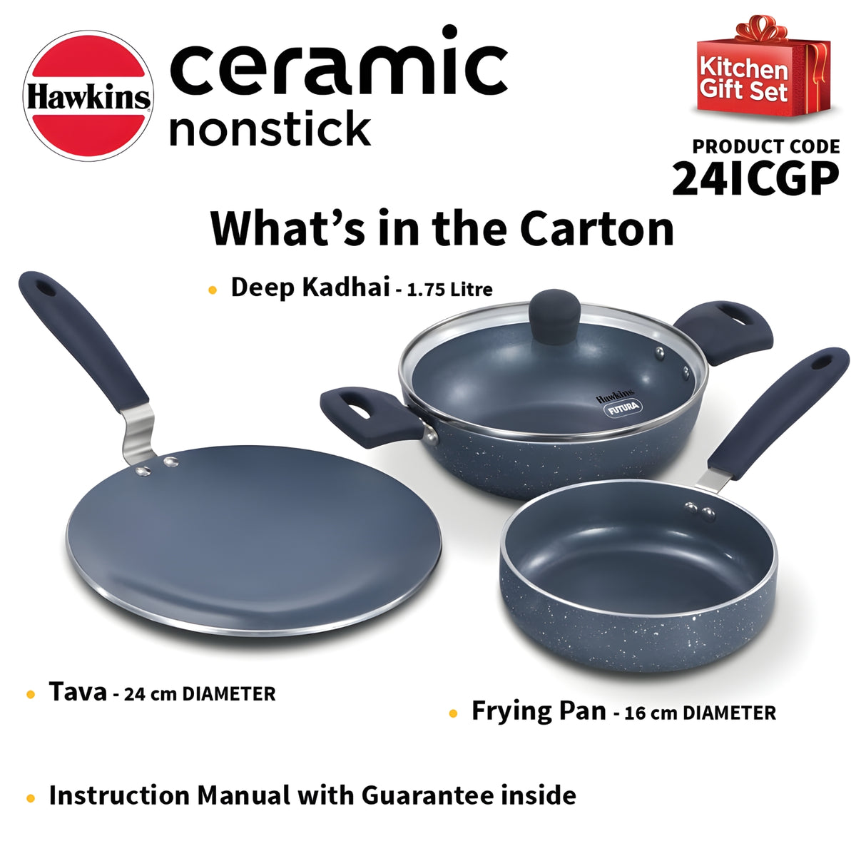 Hawkins Ceramic Non Stick Kitchen (24ICGP) Gift Set 3 Piece - Grey_11