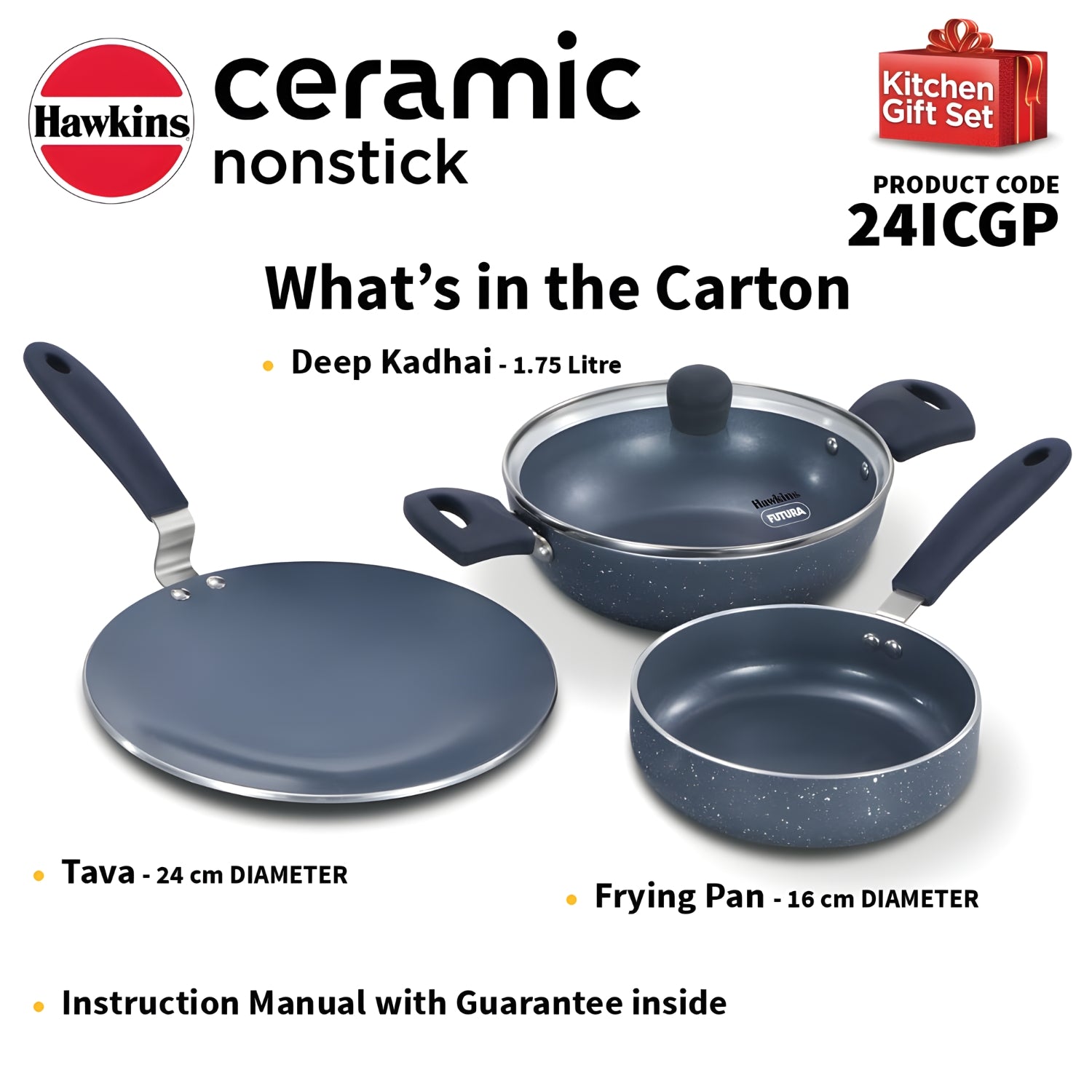 Hawkins Ceramic Non Stick Kitchen (24ICGP) Gift Set 3 Piece - Grey_11