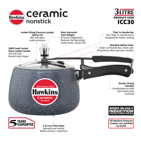 Hawkins Ceramic Nonstick Pressure Cooker (ICC30) 3 L - Grey_2