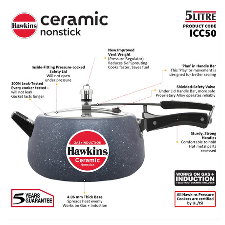 Hawkins Ceramic Nonstick Pressure Cooker (ICC50) 5 L - Grey_2