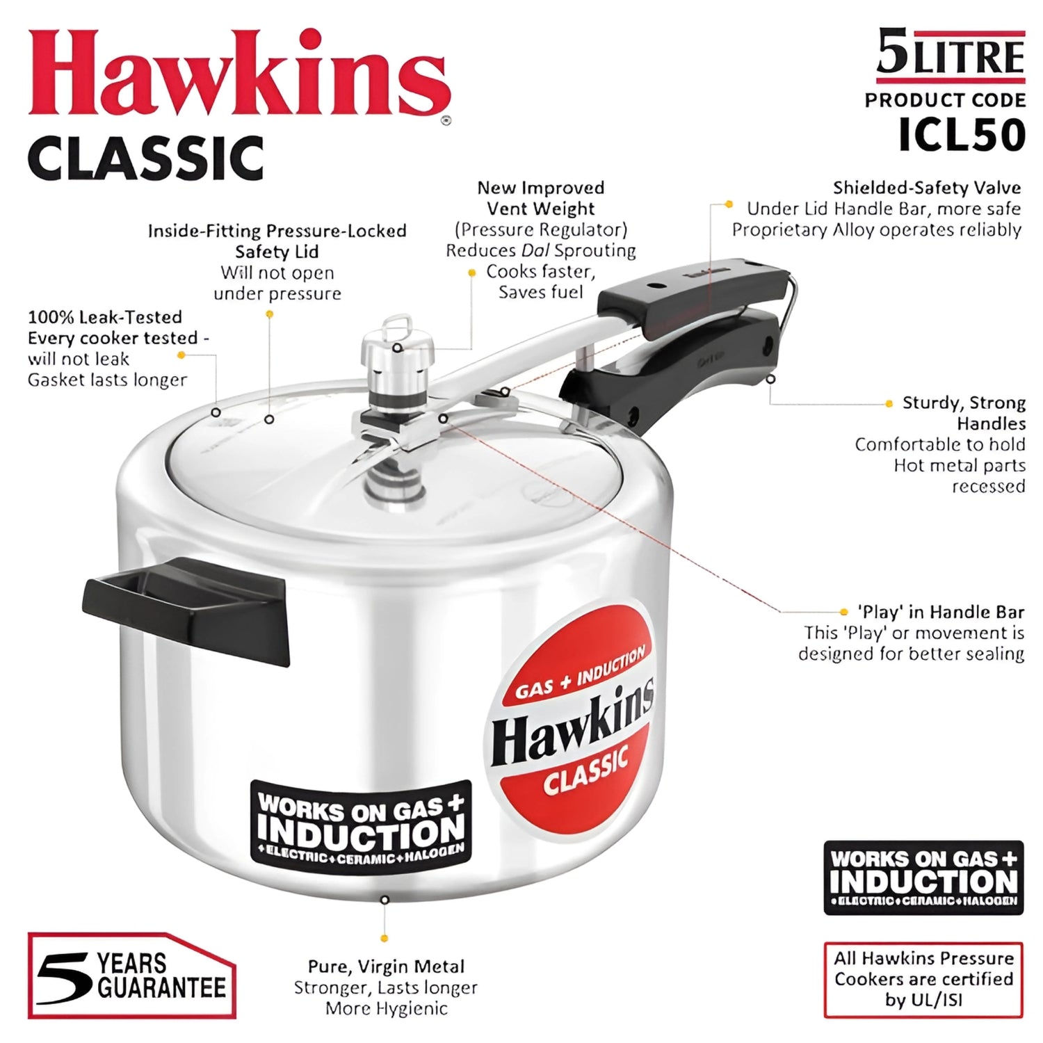 Hawkins Classic Aluminium Pressure Cooker (ICL50) 5 L_3