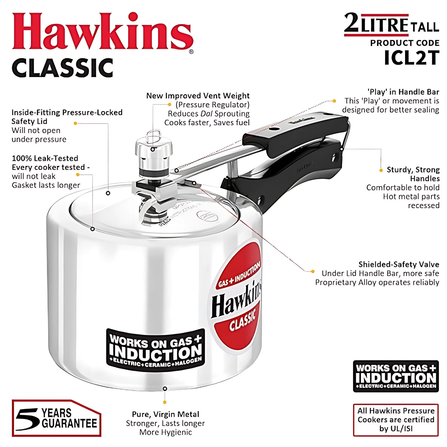 Hawkins Classic Tall Aluminium Pressure Cooker (ICL2T) 2 L_3