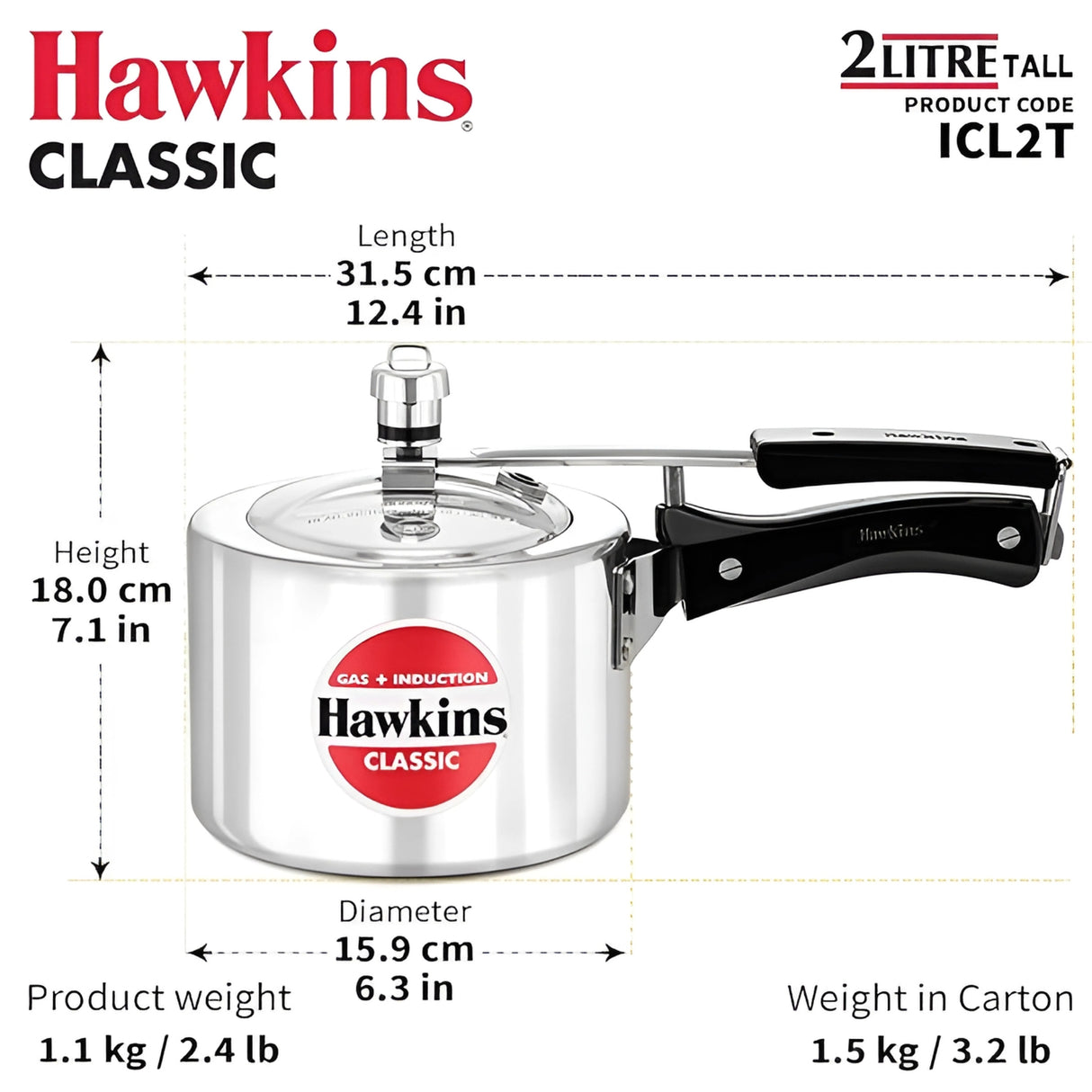 Hawkins Classic Tall Aluminium Pressure Cooker (ICL2T) 2 L_4