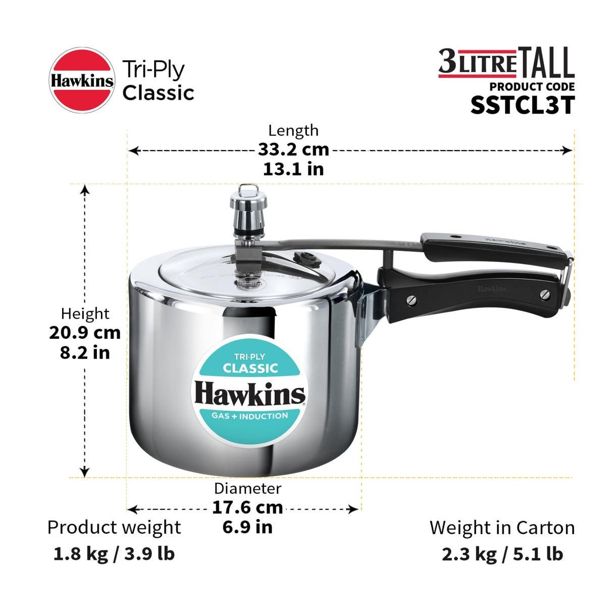 Hawkins Classic Tri-Ply Stainless Steel Tall Pressure Cooker (SSTCL3T) 3 L_4