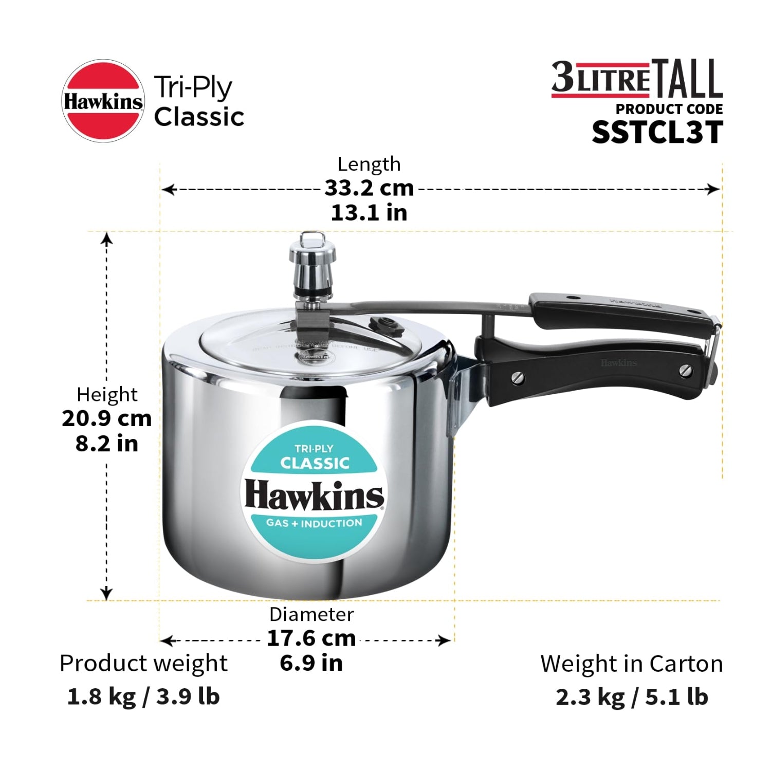 Hawkins Classic Tri-Ply Stainless Steel Tall Pressure Cooker (SSTCL3T) 3 L_4