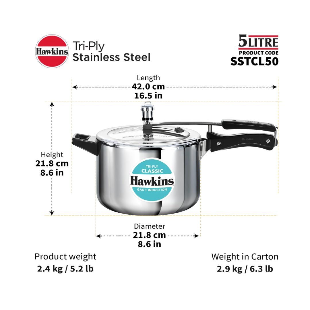 Hawkins Classic Triply Stainless Steel Pressure Cooker (SSTCL50) 5 L_Diemensions