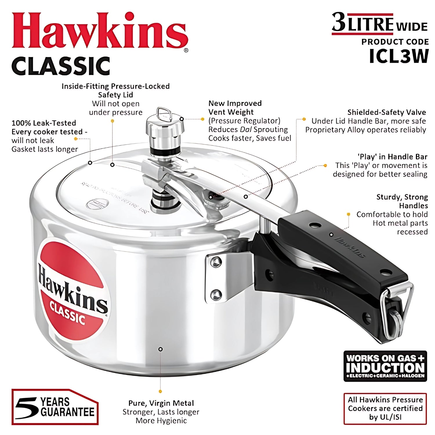 Hawkins Classic Wide Aluminium Pressure Cooker (ICL3W) 3 L_3