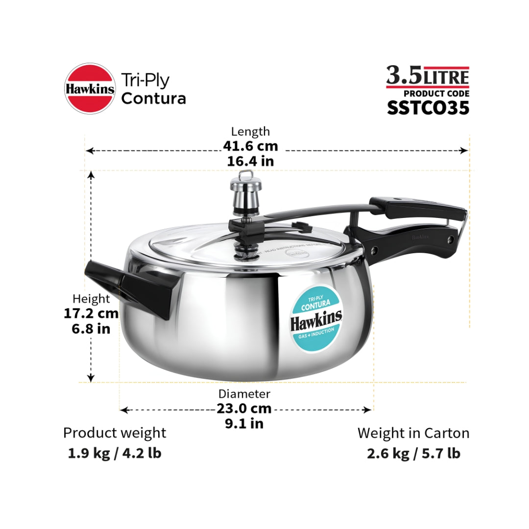 Hawkins Contura Triply Stainless Steel Pressure Cooker (SSTCO35) 3.5 L_Dimensions